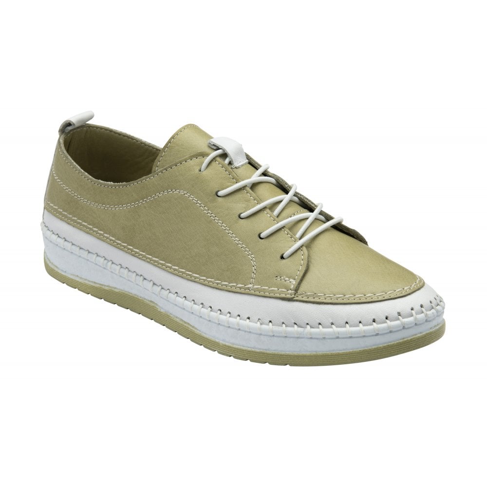Lotus Rimini Ladies Sage Leather Elasticated Shoes with white Sole and laces, stylish and comfortable footwear.