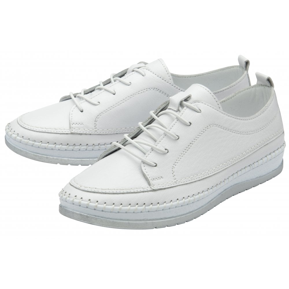 Lotus Rimini Ladies White Leather Elasticated Shoes, casual slip-on with lace-up front, lightweight, comfortable women's footwear.