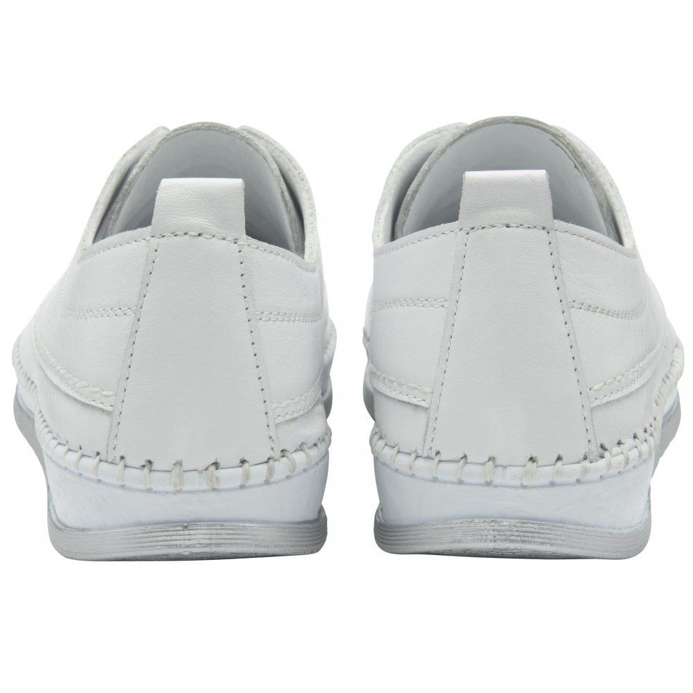 Lotus Rimini Ladies White Leather Elasticated Shoes, open back slip-on flats with stitching detail and rubber sole.