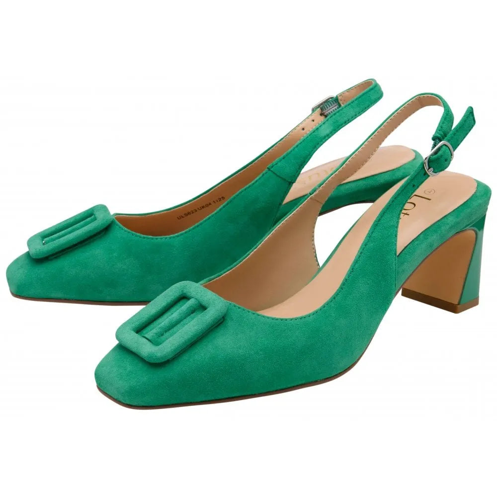 Green suede sling back women's shoes with block heel and decorative buckle detail.
