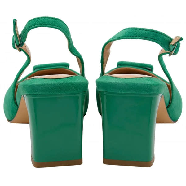 Lotus Rochelle women's green suede slingback heels with chunky platform block heel and ankle strap.