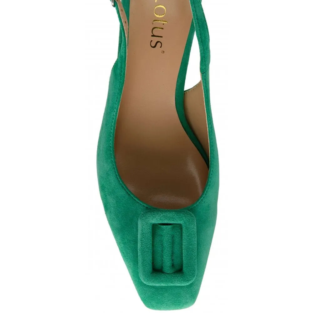 Green suede Lotus Rochelle ladies sling-back shoes with square toe detail.