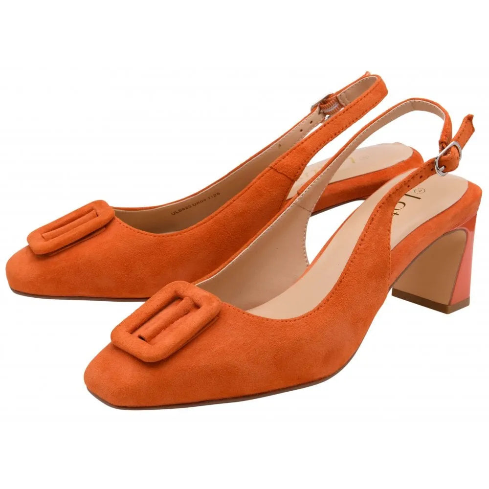 Lotus Rochelle women's orange suede sling back heel shoes with block heel and decorative buckle detail.