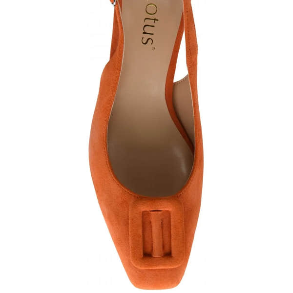 Lotus Rochelle Ladies Orange Suede Slingback Shoes with pointed toe and low heel.
