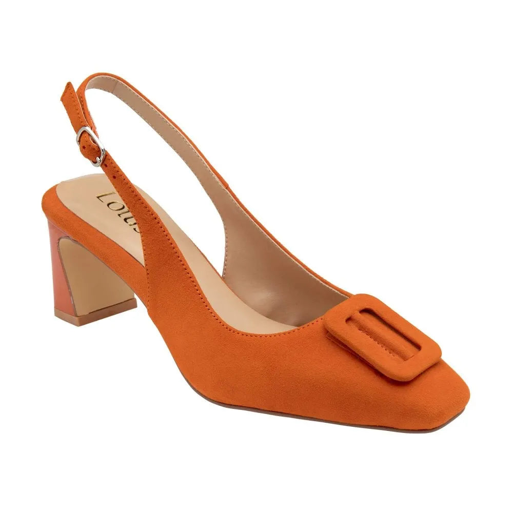 Lotus Rochelle women’s orange suede slingback heel with a pointed toe and decorative buckle detail.
