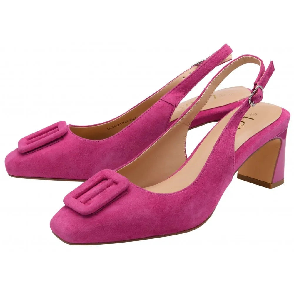 Pink suede Lotus Rochelle ladies sling back heels with block heels and a decorative buckle detail.