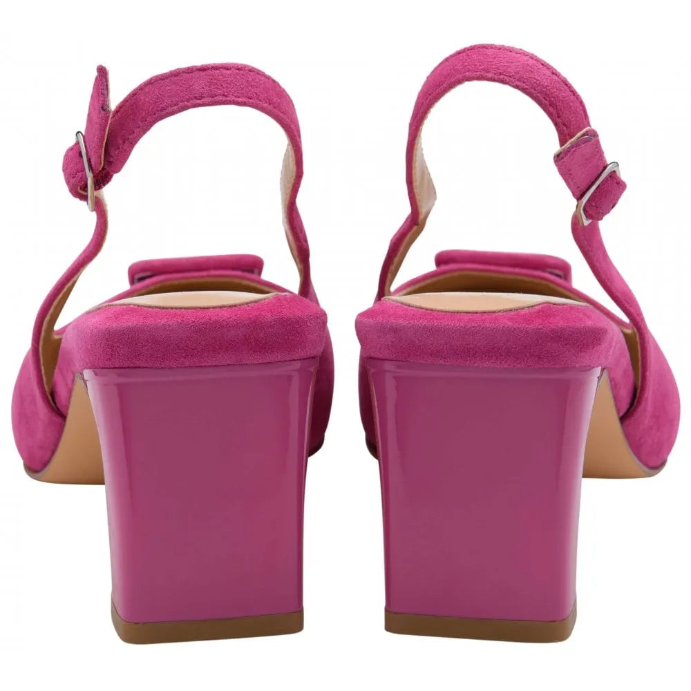 Lotus Rochelle pink suede slingback heels with chunky platform block heels and ankle straps.
