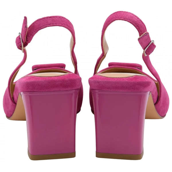 Lotus Rochelle pink suede slingback heels with chunky platform block heels and ankle straps.