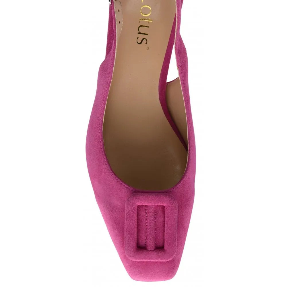Pink suede Lotus Rochelle women's slingback shoes with square toe and decorative bow detail.