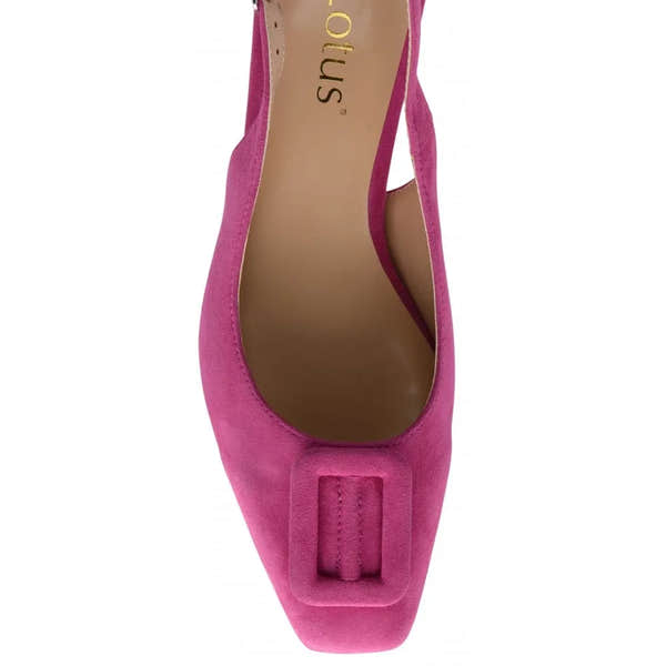 Pink suede Lotus Rochelle women's slingback shoes with square toe and decorative bow detail.