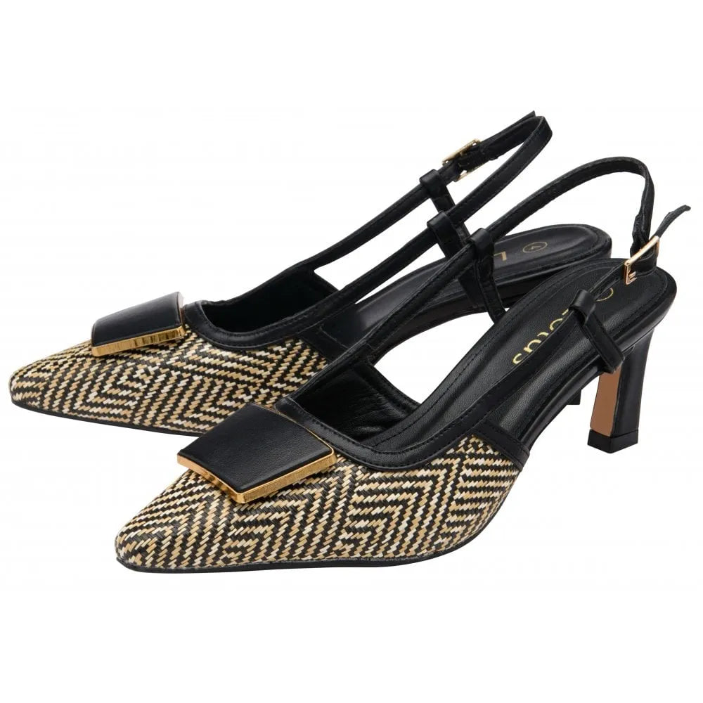 Lotus Solange women's black textile sling-back heels with plaid pattern, pointed toe, gold accents, and block heel.