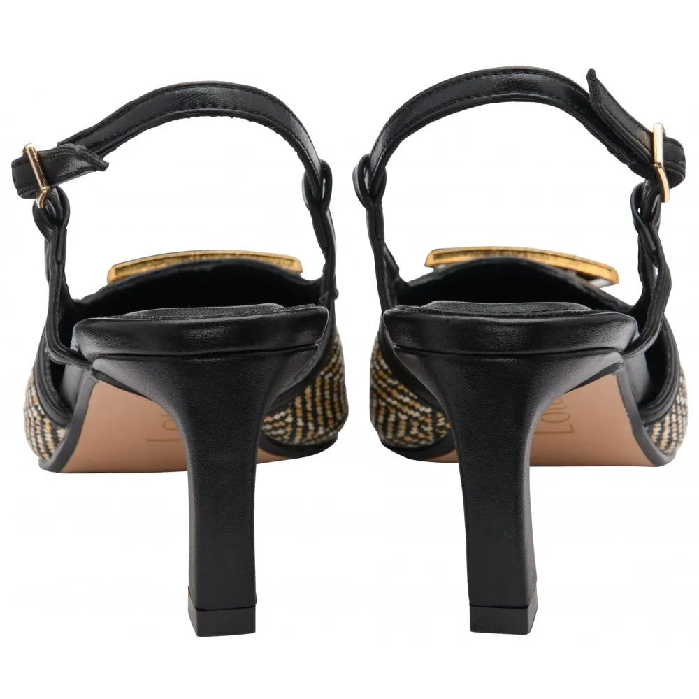 Lotus Solange Women's Black Textile Slingback Heeled Shoes with Gold Accent, stylish cocktail footwear.