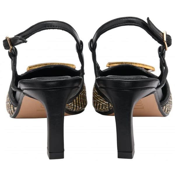 Lotus Solange Women's Black Textile Slingback Heeled Shoes with Gold Accent, stylish cocktail footwear.