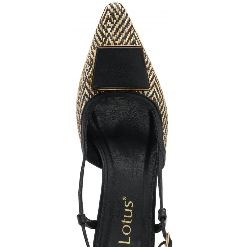 Lotus Solange women's black textile slingback shoes with pointed toe and decorative buckle detail.