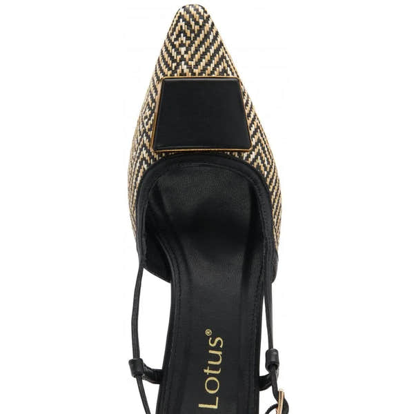 Lotus Solange women's black textile slingback shoes with pointed toe and decorative buckle detail.