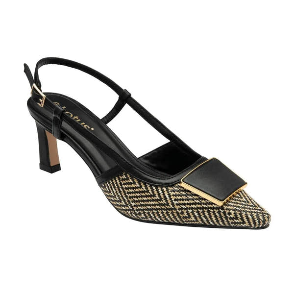 Lotus Solange women's black textile slingback pump with patterned fabric and gold accent on pointed toe.
