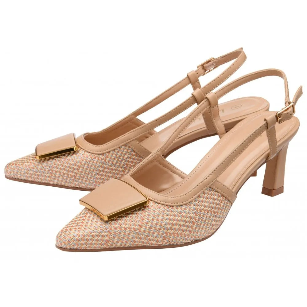 Lotus Solange women's natural textile sling back shoes with pointed toes, beige straps, and gold accents, high heels.