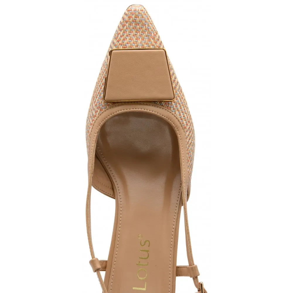 Lotus Solange women's natural textile sling back shoes with pointed toe and block heel, featuring a beige textured upper and gold accent.