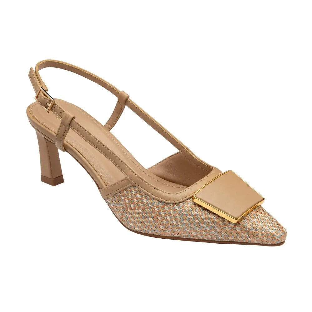 Lotus Solange women's natural textile sling-back high heel shoe with a pointed toe, beige straps, and a gold square embellishment.