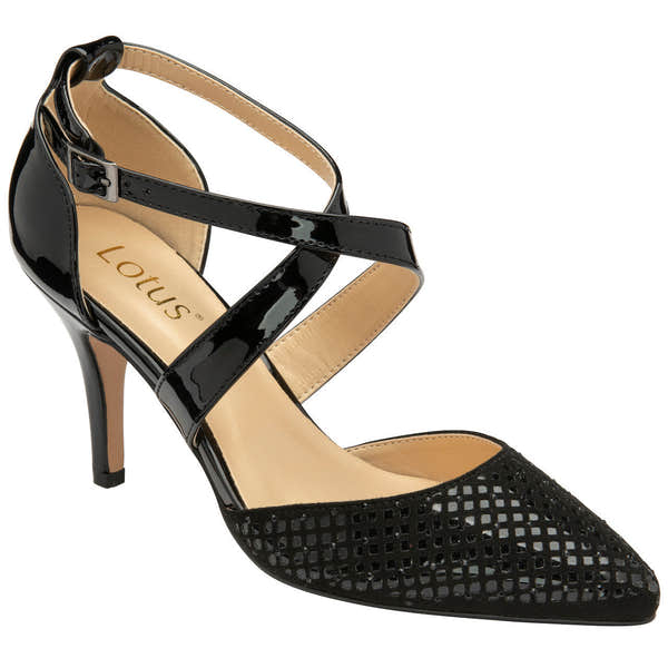 Lotus Sophia Ladies Black/Diamante Textile Heels-elevate your sole