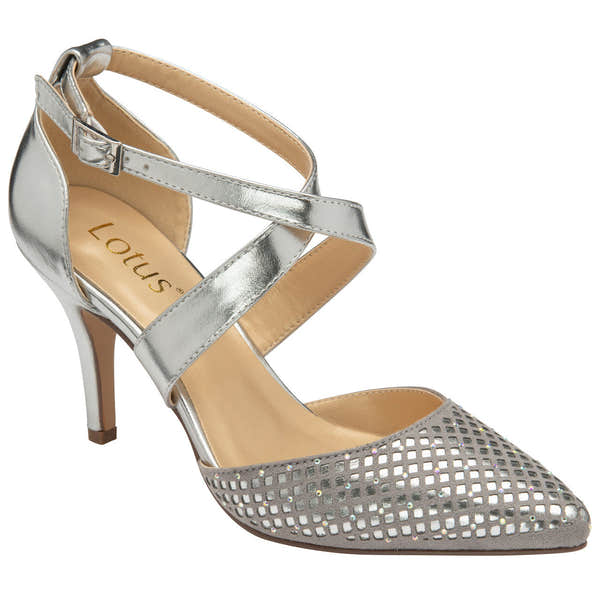 Lotus Sophia Ladies Silver/Diamante Textile Heels-elevate your sole