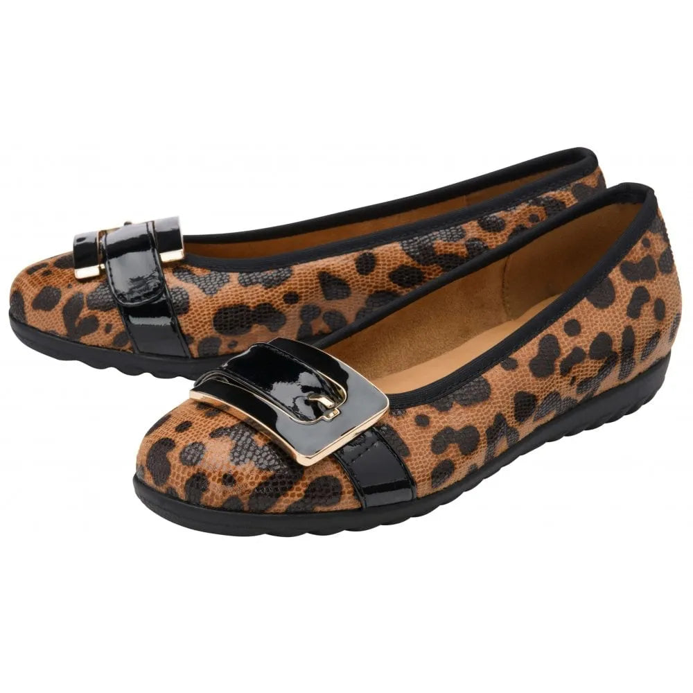 Lotus Tandy leopard print slip-on shoes for women with black patent strap and gold buckle details. Comfortable casual footwear.