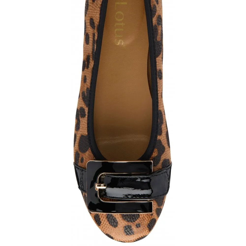 Lotus Tandy women's leopard slip-on shoes with black buckle detail and cozy interior, stylish animal print flats for casual wear.