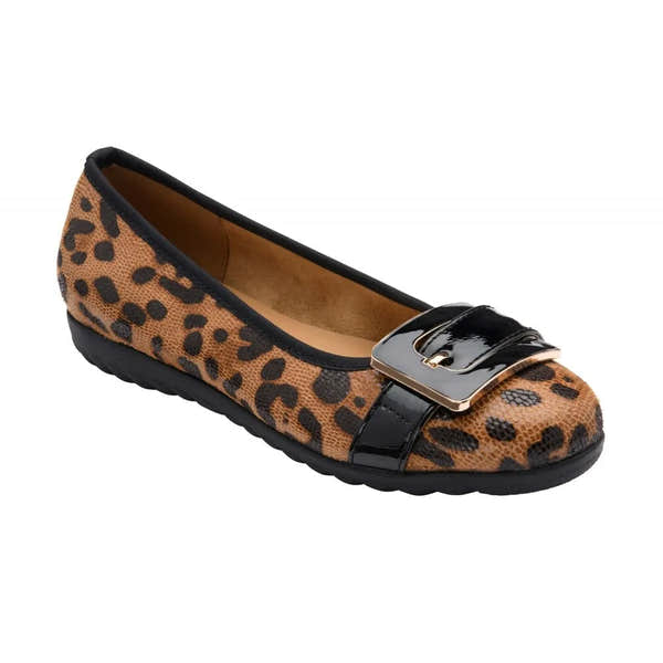 Lotus Tandy women's slip-on shoes with leopard print fabric, black patent strap, and decorative buckle, flat sole for casual wear.