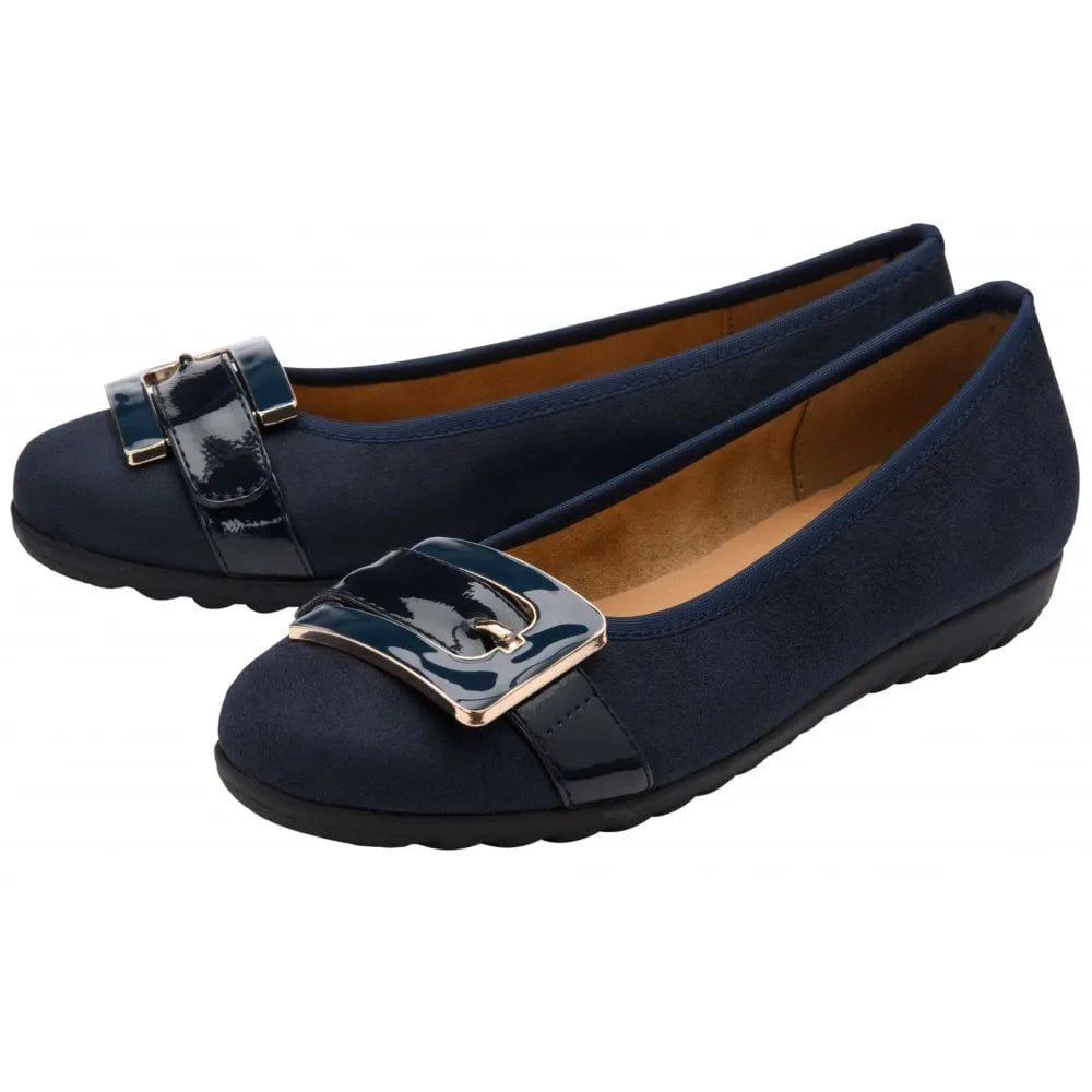 Lotus Tandy Ladies Navy Slip-On Shoes with metallic buckle detail, cushioned interior, and slip-resistant sole.