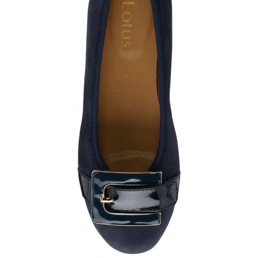 Lotus Tandy Ladies Navy Slip-On Shoes with pointed toe and decorative buckle detail. Stylish, comfortable women's flats.