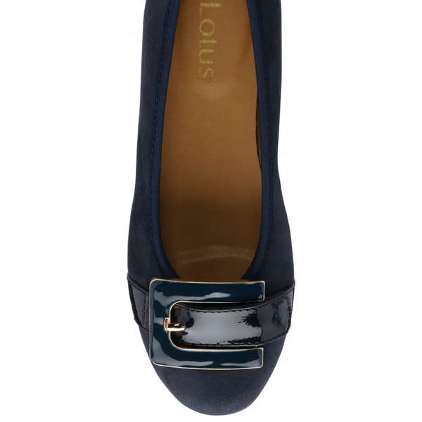 Lotus Tandy Ladies Navy Slip-On Shoes with pointed toe and decorative buckle detail. Stylish, comfortable women's flats.