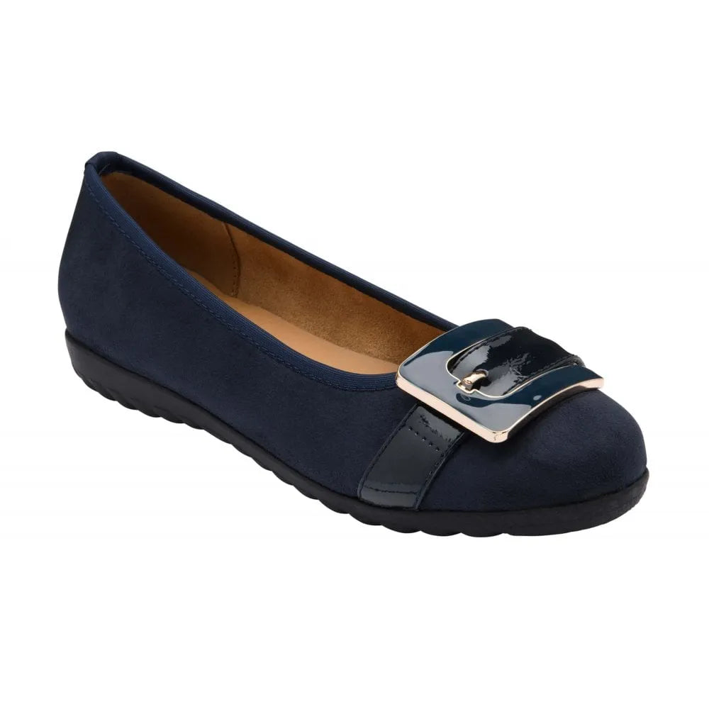 Lotus Tandy Ladies Navy Slip-On Shoes with bow accent and metallic buckle detailing, lightweight and comfortable for casual wear.