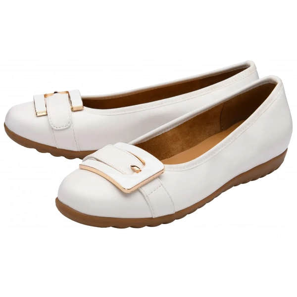 Lotus Tandy Ladies White Slip-On Shoes with decorative buckle and tan sole, casual comfort footwear.