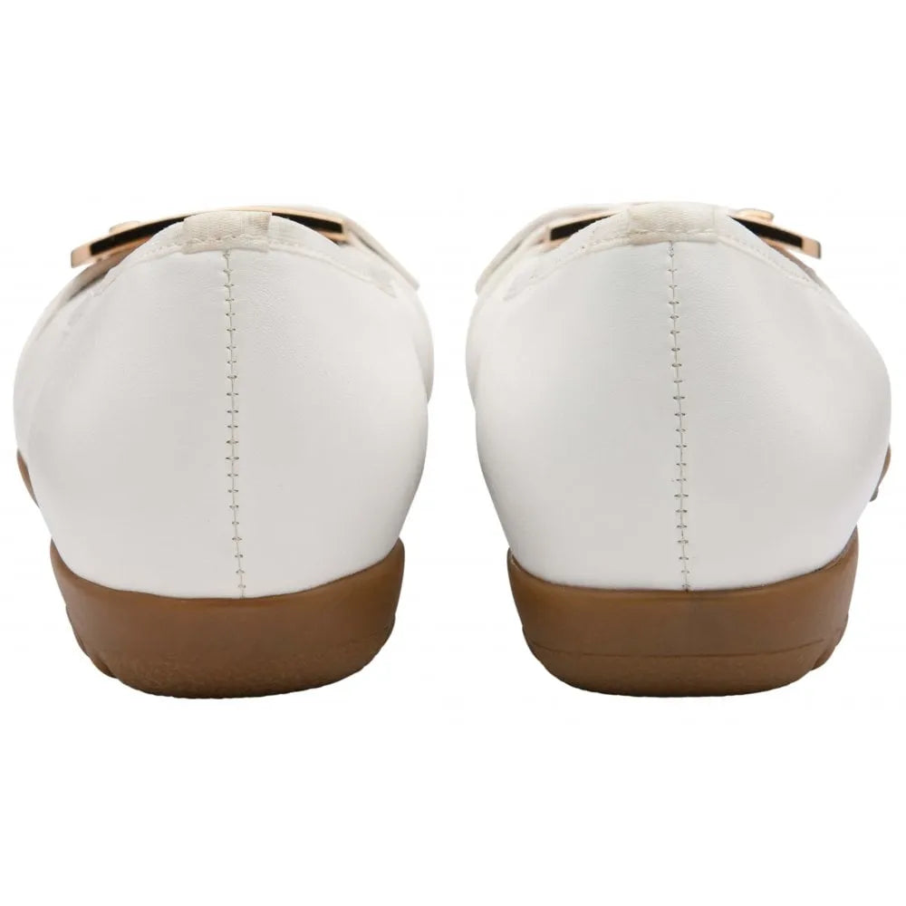 Lotus Tandy ladies white slip-on shoes, back view with brown soles, smooth leather upper, stylish and comfortable footwear.