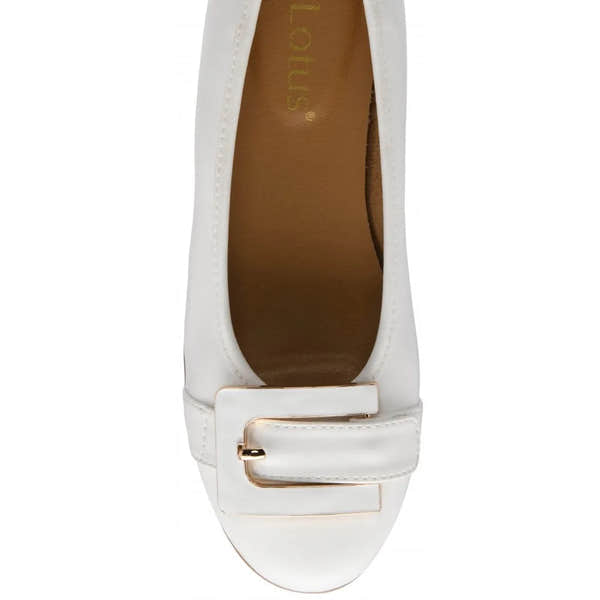 Lotus Tandy women's white slip-on shoes with a decorative buckle, flat sole, and smooth finish.