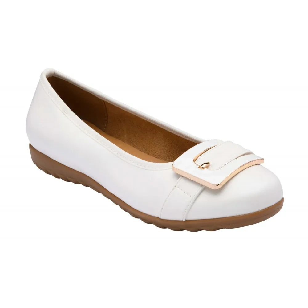 Lotus Tandy Ladies White Slip-On Shoes with decorative buckled sling, comfortable flat sole, and casual style.