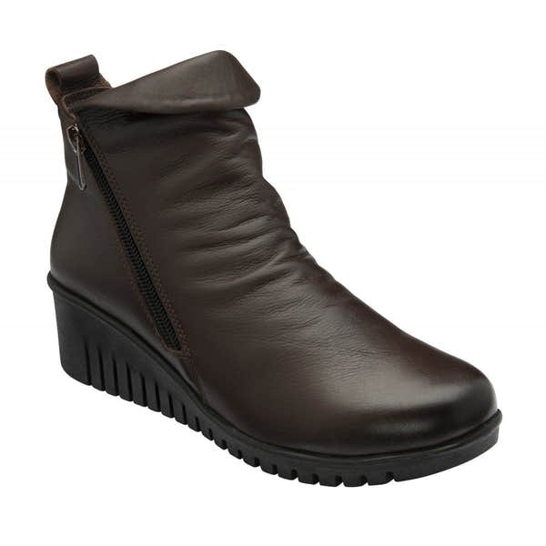 Lotus ULB299TT Cordelia women's brown leather ankle boots with twin zips, wedge heel, and rugged sole.