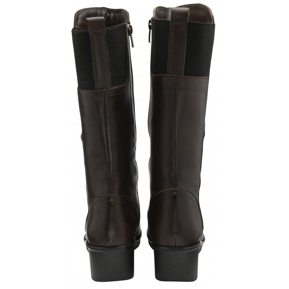 Lotus Fitzgerald Ladies Brown Leather & Textile Side Zip Mid-Calf Boots, stylish women's footwear with chunky heels and zipper closure.
