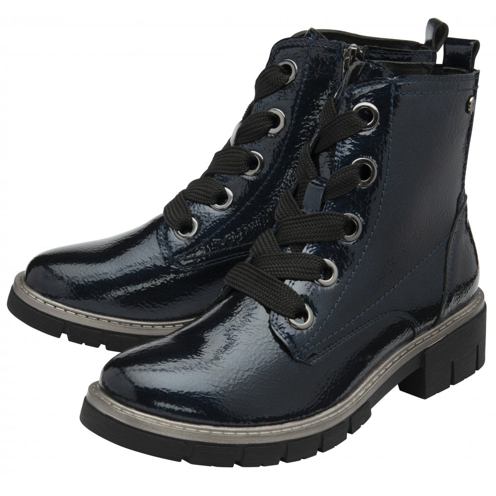 Lotus ULB350DE Jojo Navy Patent Zip & Lace Ankle Boots for women, with lace-up design, side zip, patent leather finish, chunky heel, and ankle height.