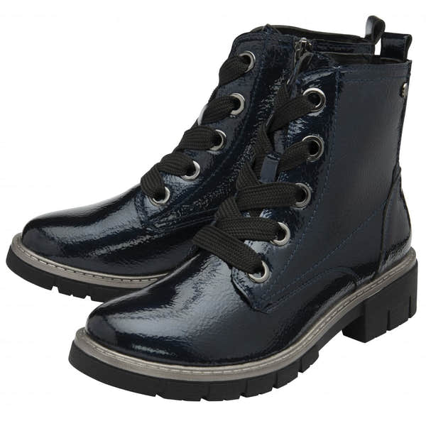 Lotus ULB350DE Jojo Navy Patent Zip & Lace Ankle Boots for women, with lace-up design, side zip, patent leather finish, chunky heel, and ankle height.