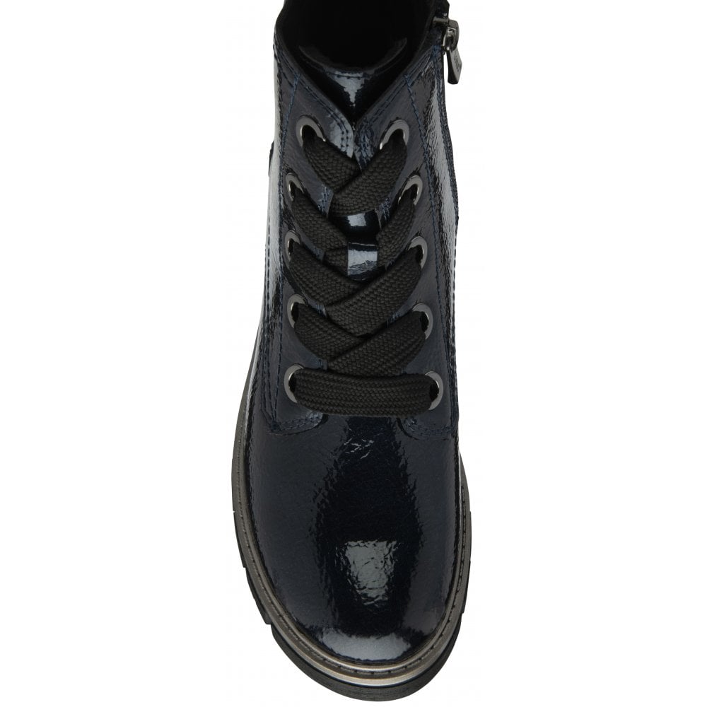 Lotus ULB350DE Jojo Ladies Navy Patent Zip & Lace Ankle Boots, shiny patent finish with lace-up detail and side zipper.
