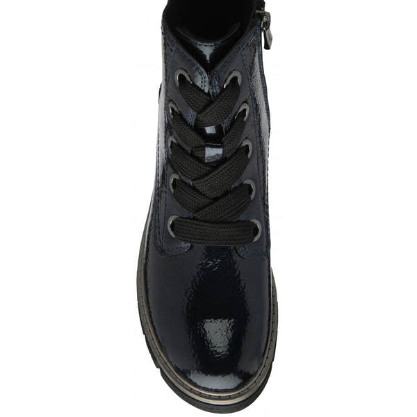 Lotus ULB350DE Jojo Ladies Navy Patent Zip & Lace Ankle Boots, shiny patent finish with lace-up detail and side zipper.