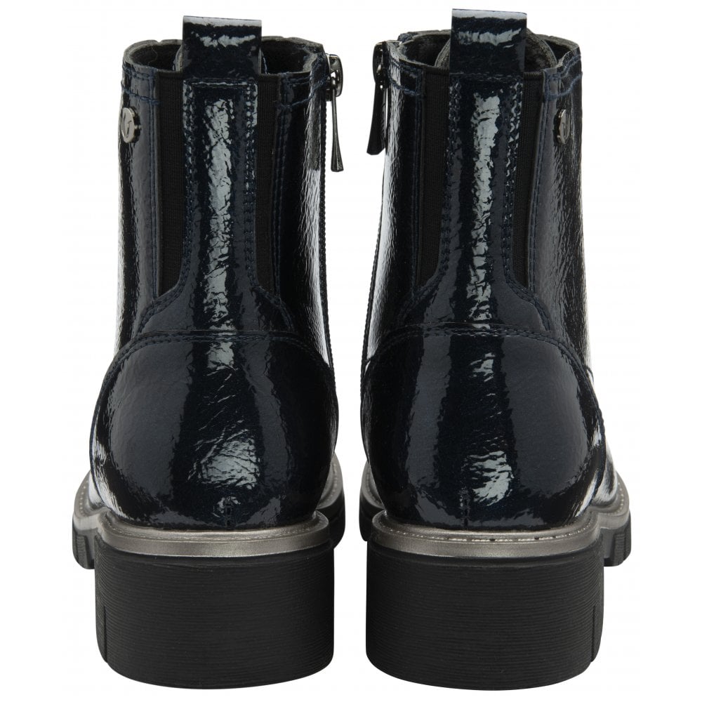 Lotus ULB350DE Jojo Ladies Navy Patent Zip & Lace Ankle Boots, shiny patent finish, chunky heel, side zippers, stylish and comfortable footwear.