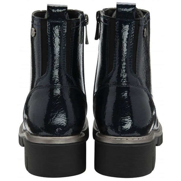 Lotus ULB350DE Jojo Ladies Navy Patent Zip & Lace Ankle Boots, shiny patent finish, chunky heel, side zippers, stylish and comfortable footwear.