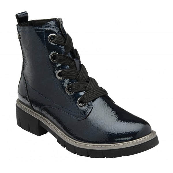 Lotus ULB350DE Jojo Ladies navy patent lace-up ankle boots with zip closure, chunky heel, and glossy finish.