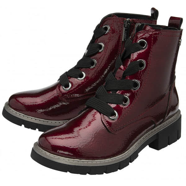 Lotus ULB350DR Jojo Ladies Bordo Patent Zip & Lace Ankle Boots with chunky heel and black laces.