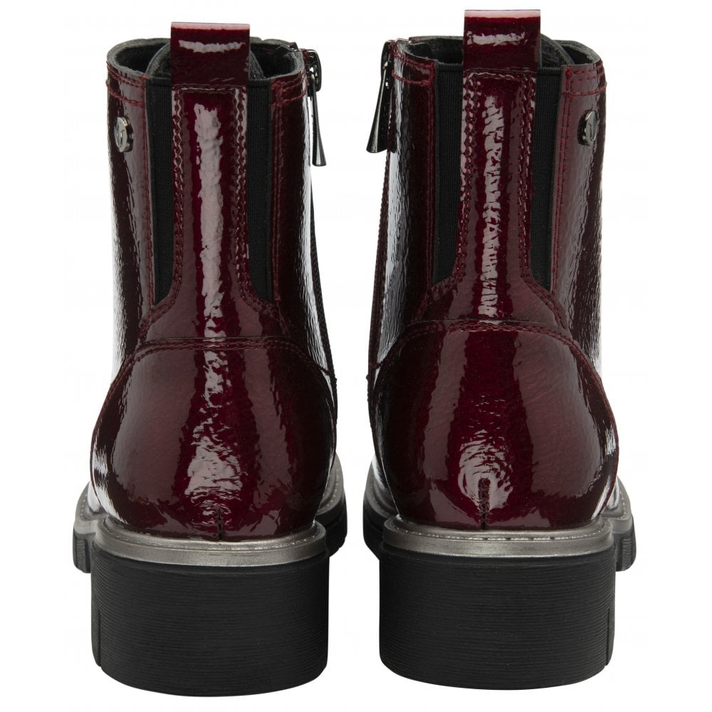 Lotus ULB350DR Jojo Ladies Bordo Patent Zip & Lace Ankle Boots, shiny burgundy patent leather, ankle-length, stylish with zippers and lace details.