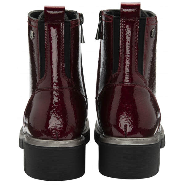 Lotus ULB350DR Jojo Ladies Bordo Patent Zip & Lace Ankle Boots, shiny burgundy patent leather, ankle-length, stylish with zippers and lace details.