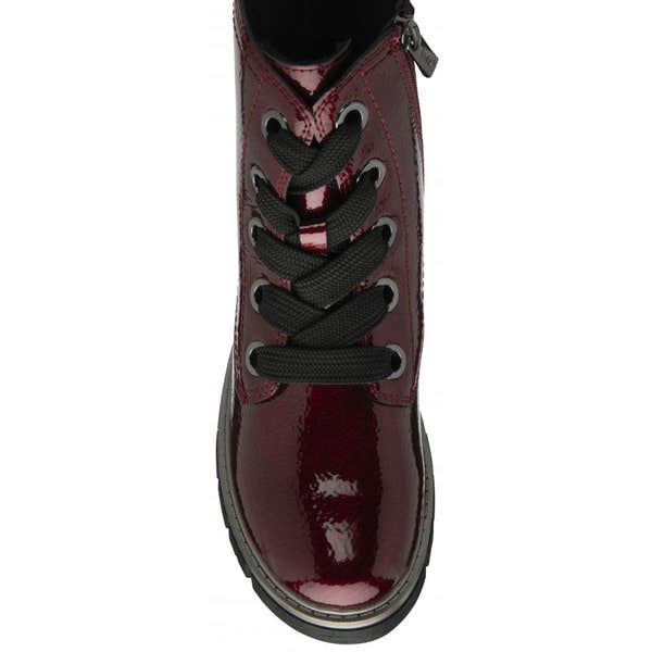 Lotus ULB350DR Jojo Ladies Bordo Patent Zip & Lace Ankle Boots with black laces and side zipper detail.