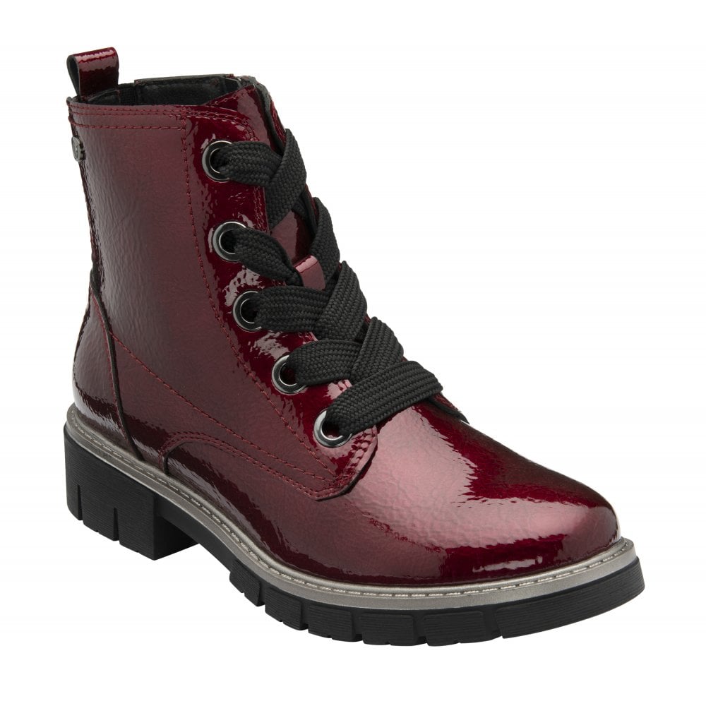 Lotus ULB350DR Jojo Ladies Bordo Patent Zip & Lace Ankle Boots with chunky black sole and lace-up front.